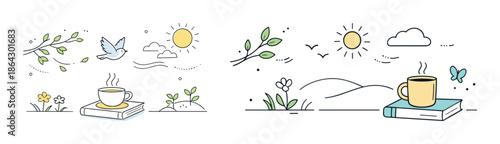 Peaceful outdoor scenes with coffee cup and nature elements