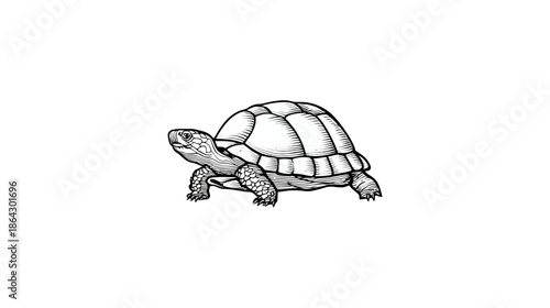 Detailed hand-drawn illustration of a turtle, a slow reptile, in black and white, depicting wildlife and nature.