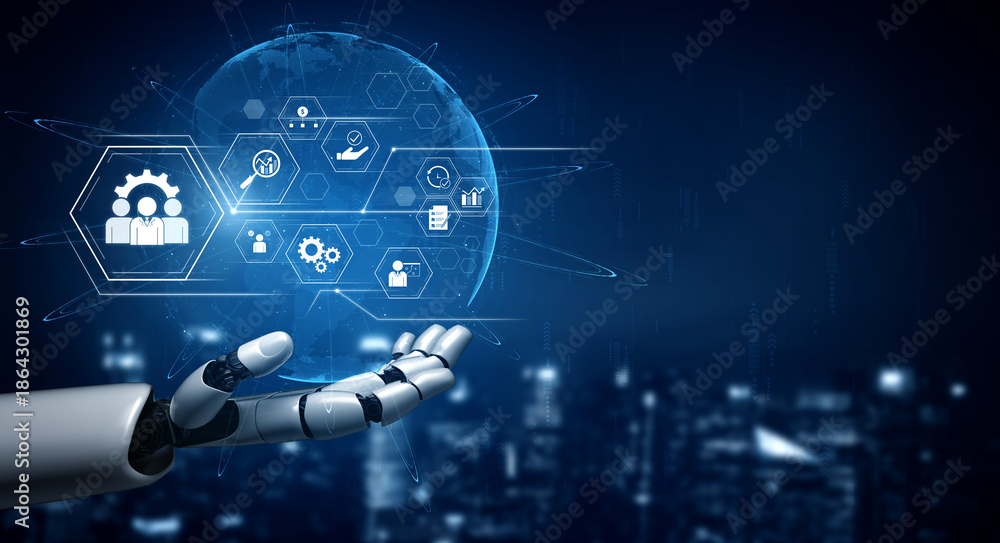 Fototapeta premium AI optimizing business management system, enhancing productivity, tracking progress, analyzing performance, and automating teamwork coordination across structured operations. Vouch