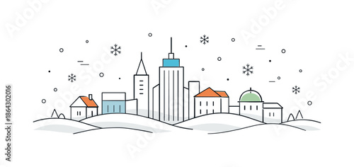Minimalist Winter Skyline. Minimal skyline with snow. Horizontal cityscape featuring abstract buildings and soft snow layers below, falling flakes and simple