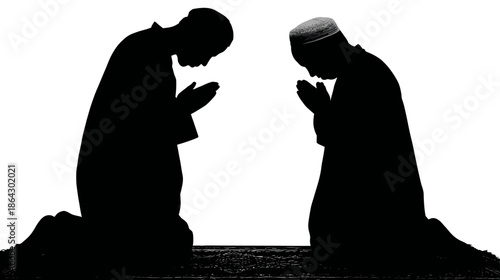 Black silhouettes of two men kneeling in devoted prayer or worship, facing each other, spiritual contemplation and reverence