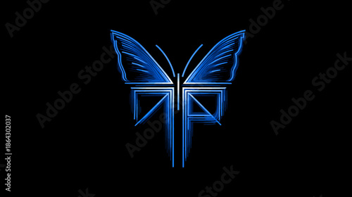 Abstract Blue Neon Butterfly Logo Design on Black Background. Stylized Glowing Metallic Effect, Modern Digital Emblem Symbol.