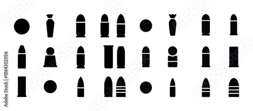Silhouettes of various bullet shapes in a row