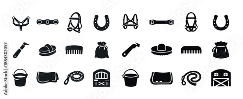 Set of horse equipment icons: bridles, horseshoes, brushes, and barn elements