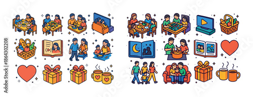 Family gathering and bonding activities illustration with diverse characters