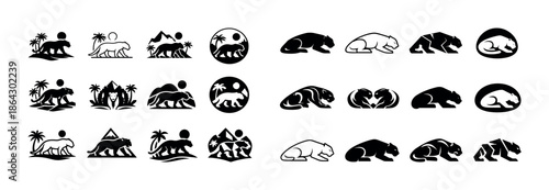 Silhouette collection of wild animals in nature with tropical and mountain scenery