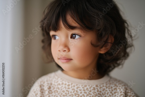 Wallpaper Mural Young child with dark wavy hair wearing printed organic clothing gazes thoughtfully out of a window, capturing a moment of innocence and curiosity in a softly lit environment Torontodigital.ca