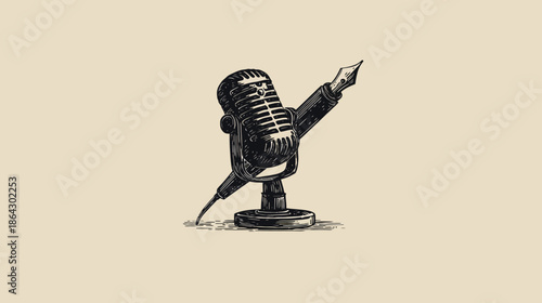 Vintage Engraved Microphone with Fountain Pen Illustration. Classic Art Style Symbolizing Creative Communication, Writing & Podcasting