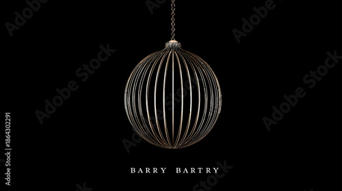 Elegant Ornate Metallic Sphere Hanging on a Chain Against a Dark Black Background, Artistic Minimalist Design