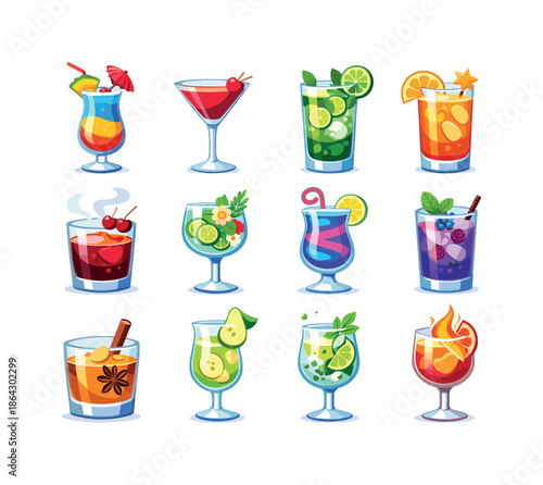 Signature Drink Icons. Signature Drinks. Colorful flat vector icons set of Signature Drinks: house special mix, ruby gloss cocktail, emerald cooler, golden