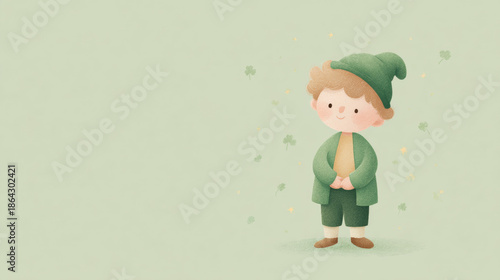 Mid century inspired illustration of a cute leprechaun boy for Saint Patricks Day celebration. Minimalist design with happy child.