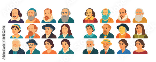 Historical figures portrait collection with diverse styles and clothing