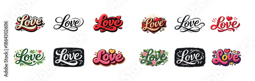 Colorful love lettering designs with floral and heart elements