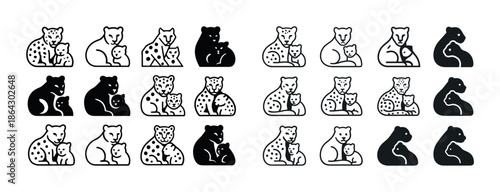 Stylized bear and leopard patterns with cubs in black and white