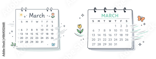 March calendar illustration with floral and butterfly designs