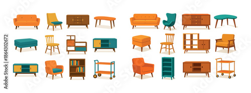 Colorful mid-century modern furniture collection with sofas, chairs, and tables