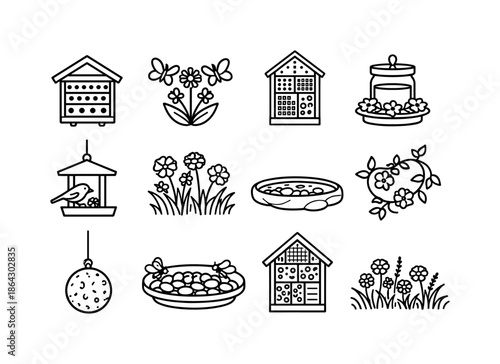 Urban Pollinator Icons. Urban farming. Line icon set of pollinator-friendly elements: bee house, butterfly flower, insect habitat box, nectar pot, small bird