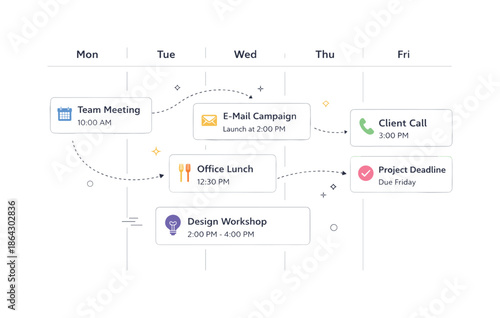 Minimal Event Scheduling UI. Event scheduling UI. A clean editorial interface with event cards attached to calendar days, small icons and light connectors