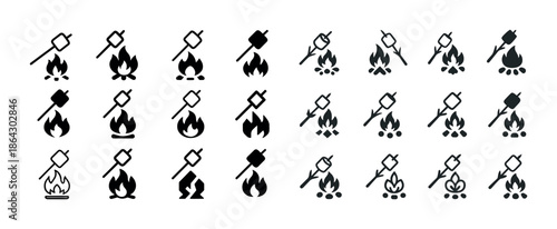 Collection of marshmallow and campfire icons in various styles