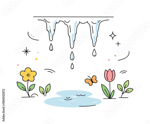 Winter's Last Whisper. Last signs of winter illustration. A few remaining icicles gently dripping in a calm composition, paired with abstract spring accents.