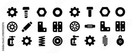 Black silhouettes of various mechanical components on white back