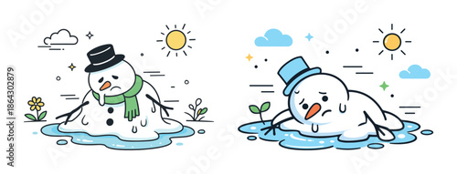 Melting snowmen in spring: cartoon illustrations of climate change impact