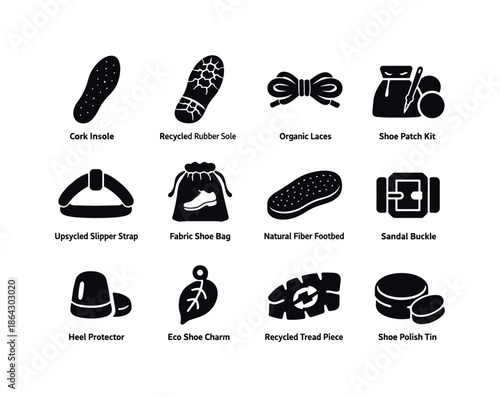 Sustainable Footwear Icons. Sustainable footwear accessories. Solid icon set of sustainable footwear accessories: cork insole, recycled rubber sole, organic
