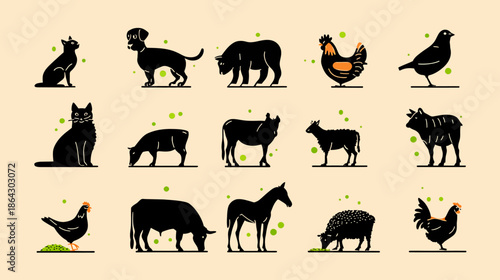 Diverse domestic and farm animal silhouettes set. Collection of common pets, livestock, and birds as black icons on light background.