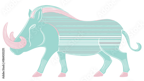 Pastel Warthog Illustration. Stylized Mint Green and Pink Vector Art with Striped Texture on White Background.