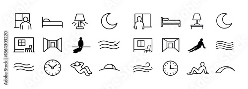 Minimalist line art icons of interior design and relaxation elements