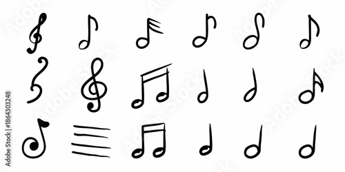 Collection of various black musical symbols and notes on a white background