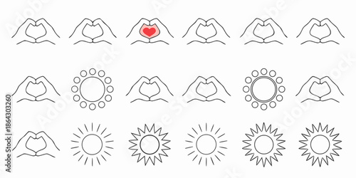 Line art illustrations of hands forming hearts waves circles and sunbursts