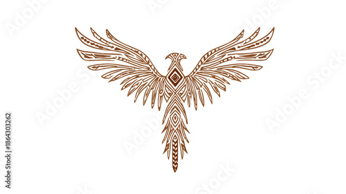 Intricate brown tribal phoenix bird illustration with detailed ornamental patterns. Mythical creature, spiritual symbol, artistic vector graphic.