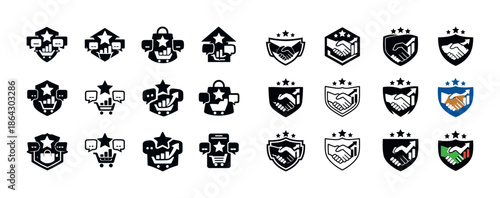 Set of communication, shopping, handshake, and security icons in various styles