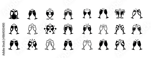 Set of decorative champagne glass icons in black and white for celebrations