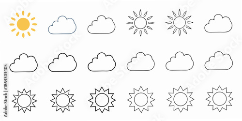 A collection of weather icons depicting sun clouds and varying degrees of sunshine
