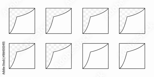 Eight square frames with a curved black line and checkered shading