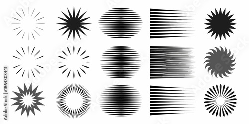 Collection of abstract black radial and linear patterns on a white background