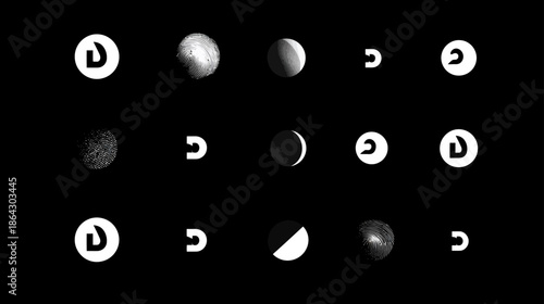 Abstract cosmic symbols and celestial spheres in various phases, minimalistic black and white design on dark background