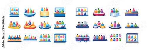 Colorful assortment of cartoon cosmetic and perfume bottles on various displays