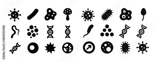 Variety of microbe and dna icons in black silhouettes