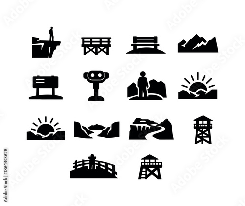 Valley Viewpoint Icons. Valley viewpoints. Solid icon set of Valley viewpoints: lookout cliff, wooden platform, viewing bench, high ridge, scenic sign,
