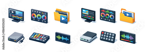 Digital video and audio editing icons: software, monitors, and storage devices