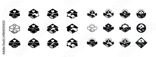 Set of handshake heart home icons for partnership and support concepts