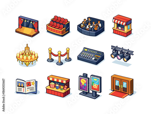 Performing Arts Icons. Performing Arts Venue. Colorful isometric vector icons set of Performing Arts Venue: stage, balcony seats, orchestra pit, ticket booth,