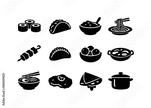 Global Cuisine Icons. International cuisines. Solid icon set of international cuisines: sushi roll, taco, curry bowl, spaghetti, kebab skewer, dumpling,