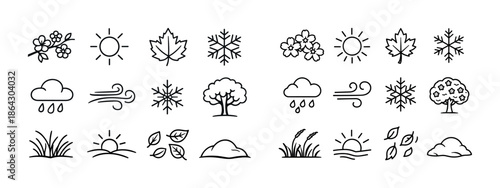 Seasonal icons: nature elements including sun, snowflake, tree, and leaf symbols
