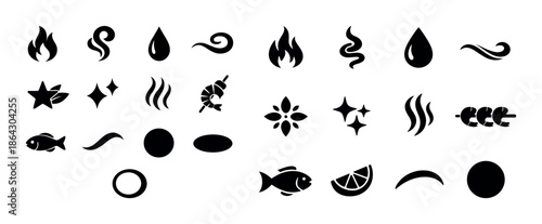Black silhouette icons: fire, water, food, and nature symbols collection