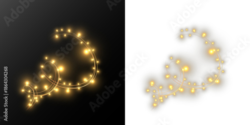 Golden glowing garland swirl light shape in PNG format isolated on transparent dark background © NAUM