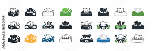 Assorted tissue box icons with decorative elements and color variations